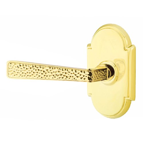 Emtek Left Handed Double Dummy Hammered Door Lever with #8 Rose in Unlacquered Brass