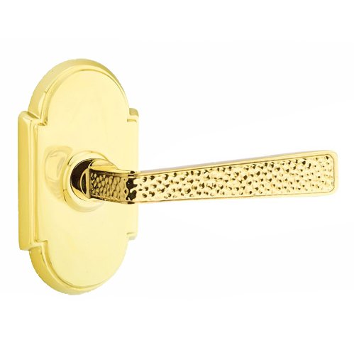 Emtek Right Handed Double Dummy Hammered Door Lever with #8 Rose in Unlacquered Brass