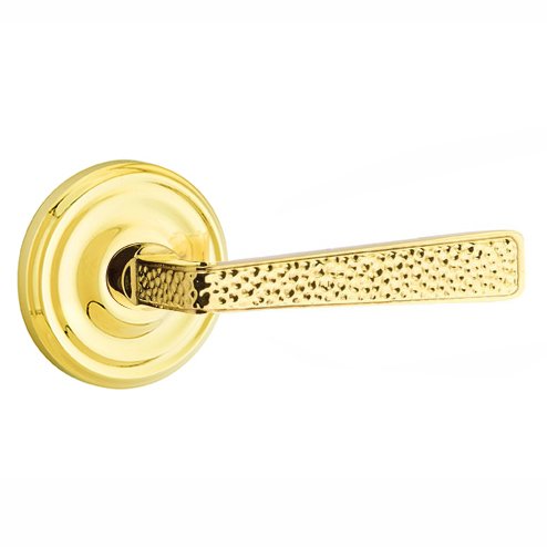 Emtek Right Handed Passage Hammered Door Lever with Regular Rose in Unlacquered Brass