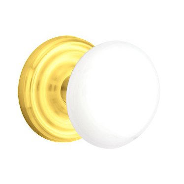 Emtek Passage Ice White Knob And Regular Rosette With Concealed Screws  in Unlacquered Brass