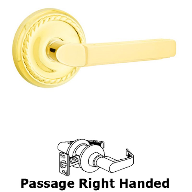 Emtek Passage Right Handed Milano Door Lever With Rope Rose in Polished Brass