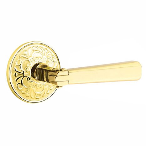 Emtek Passage Arts & Crafts Door Lever with Lancaster Rose with Concealed Screws in Unlacquered Brass