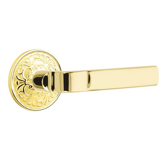 Emtek Passage Aston Right Handed Lever with Lancaster Rose in Unlacquered Brass