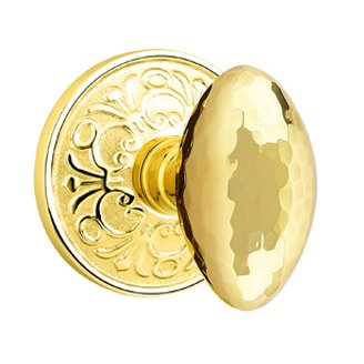 Emtek Passage Hammered Egg Door Knob with Lancaster Rose in Unlacquered Brass