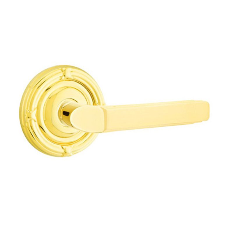 Emtek Passage Right Handed Milano Door Lever With Ribbon & Reed Rose in Unlacquered Brass
