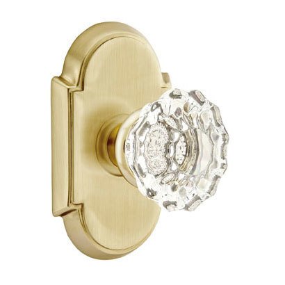 Emtek Astoria Passage Door Knob with #8 Rose and Concealed Screws in Satin Brass