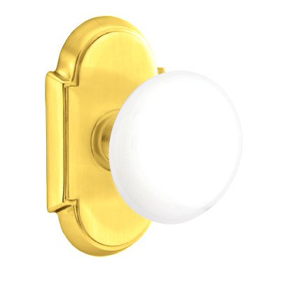 Emtek Passage Ice White Knob And #8 Rosette With Concealed Screws in Unlacquered Brass