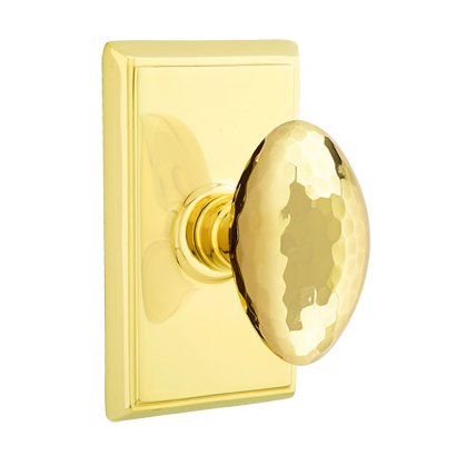 Emtek Passage Hammered Egg Door Knob with Rectangular Rose in Unlacquered Brass