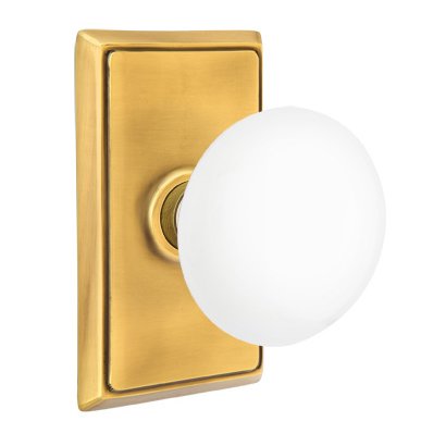 Emtek Passage Ice White Knob And Rectangular Rosette With Concealed Screws in French Antique Brass
