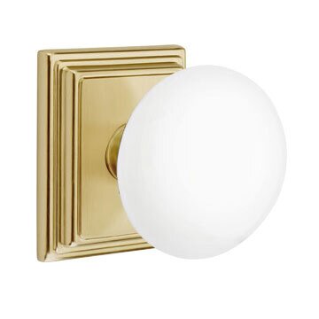 Emtek Passage Ice White Knob And Wilshire Rosette With Concealed Screws in Satin Brass