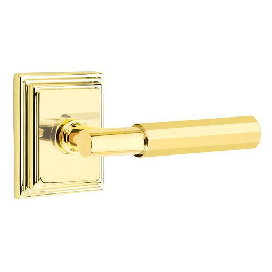 Emtek Passage Faceted Right Handed Lever with T-Bar Stem and Wilshire Rose in Unlacquered Brass