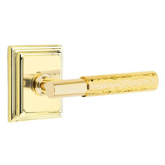 Emtek Passage Hammered Right Handed Lever with T-Bar Stem and Wilshire Rose in Unlacquered Brass