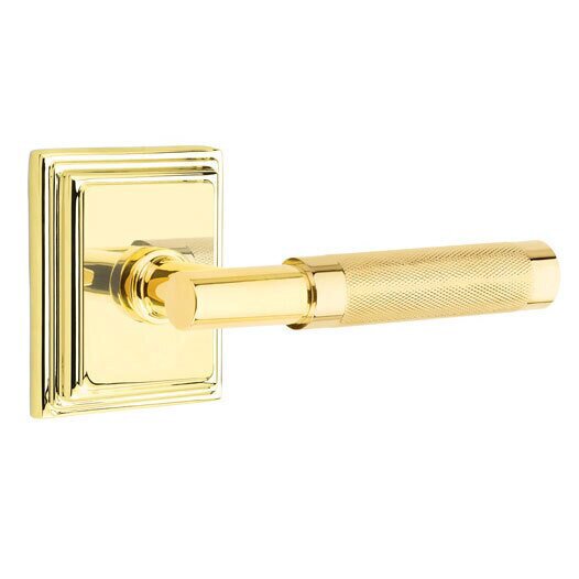 Emtek Passage Knurled Right Handed Lever with T-Bar Stem and Wilshire Rose in Unlacquered Brass