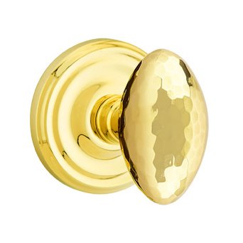Emtek Privacy Hammered Egg Door Knob with Regular Rose in Unlacquered Brass