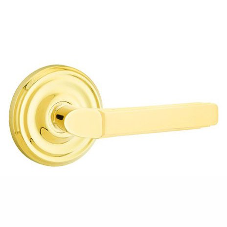 Emtek Privacy Right Handed Milano Door Lever With Regular Rose in Unlacquered Brass