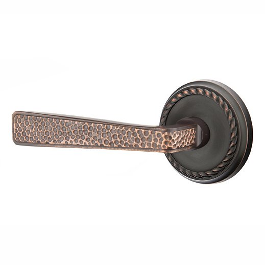 Emtek Left Handed Privacy Hammered Door Lever with Rope Rose in Oil Rubbed Bronze