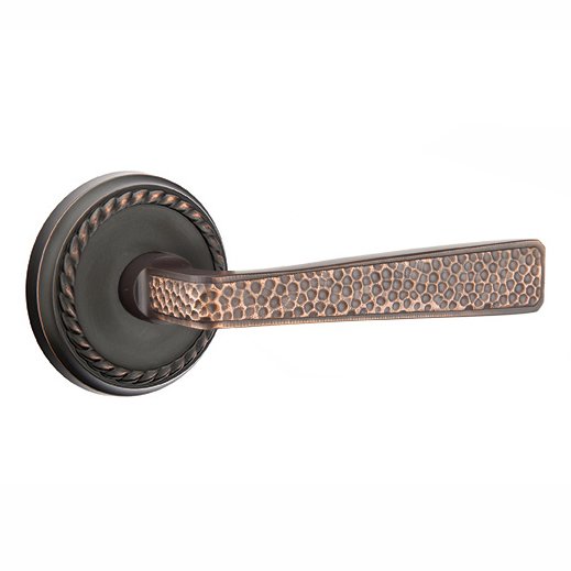 Emtek Right Handed Privacy Hammered Door Lever with Rope Rose in Oil Rubbed Bronze