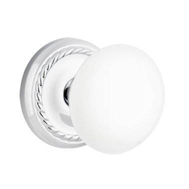 Emtek Privacy Ice White Porcelain Knob With Rope Rosette  in Polished Chrome