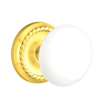 Emtek Privacy Ice White Porcelain Knob With Rope Rosette  in Unlacquered Brass