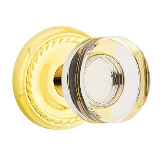 Emtek Modern Disc Glass Privacy Door Knob and Rope Rose with Concealed Screws in Unlacquered Brass