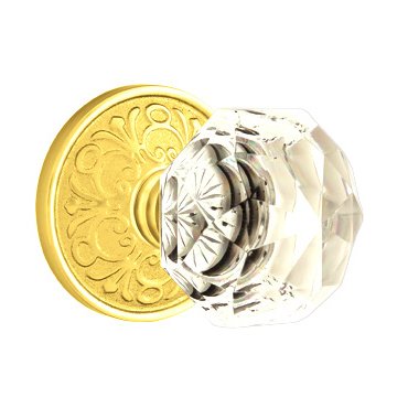 Emtek Diamond Privacy Door Knob with Lancaster Rose and Concealed Screws in Polished Brass