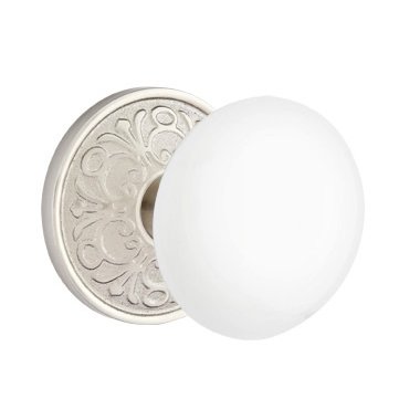 Emtek Privacy Ice White Knob And Lancaster Rosette With Concealed Screws  in Satin Nickel