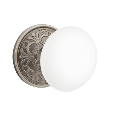 Emtek Privacy Ice White Knob And Lancaster Rosette With Concealed Screws  in Pewter