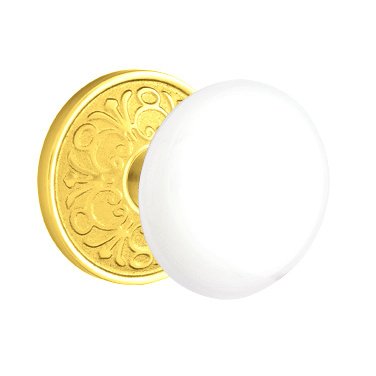 Emtek Privacy Ice White Knob And Lancaster Rosette With Concealed Screws  in Unlacquered Brass