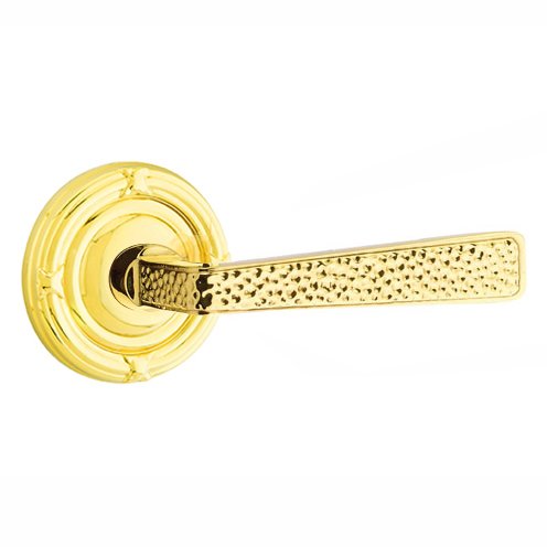 Emtek Privacy Hammered Door Lever with Ribbon & Reed Rose with Concealed Screws in Unlacquered Brass