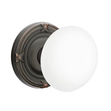 Emtek Privacy Ice White Knob And Ribbon & Reed Rosette With Concealed Screws  in Oil Rubbed Bronze