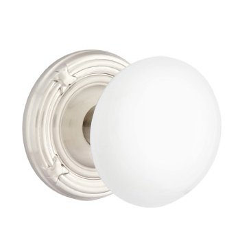 Emtek Privacy Ice White Knob And Ribbon & Reed Rosette With Concealed Screws  in Satin Nickel