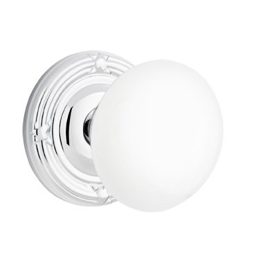 Emtek Privacy Ice White Knob And Ribbon & Reed Rosette With Concealed Screws  in Polished Chrome