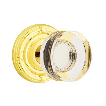 Emtek Modern Disc Glass Privacy Door Knob and Ribbon & Reed Rose with Concealed Screws in Polished Brass