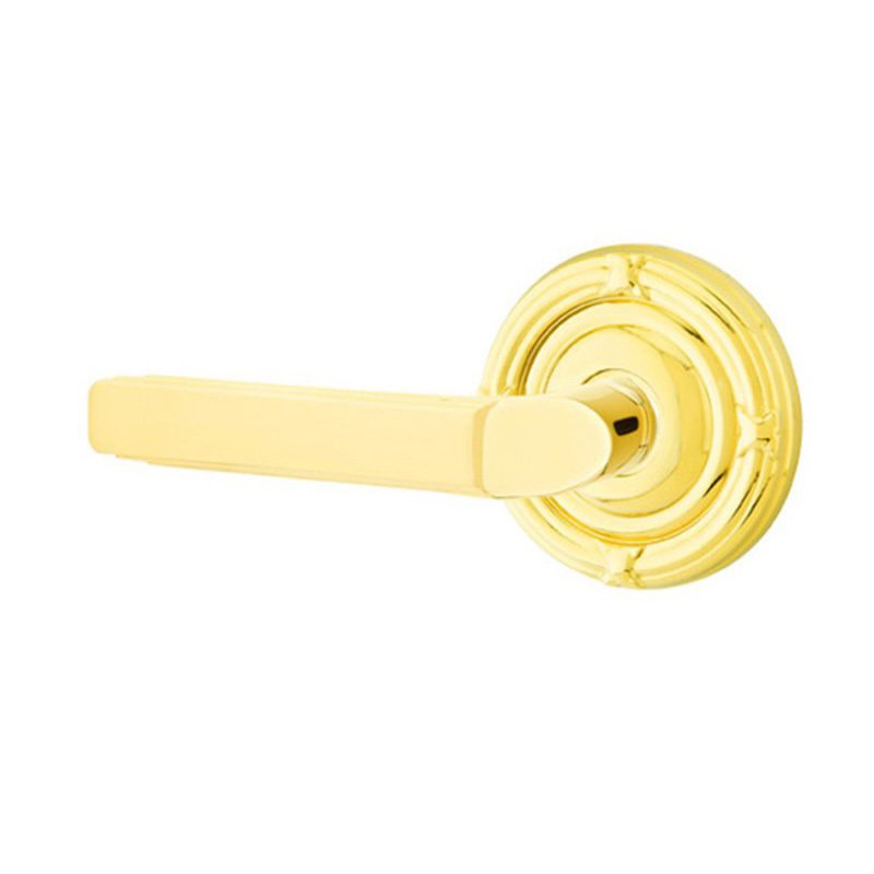 Emtek Privacy Left Handed Milano Door Lever With Ribbon & Reed Rose in Unlacquered Brass