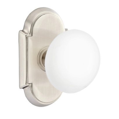 Emtek Privacy Ice White Knob And #8 Rosette With Concealed Screws in Satin Nickel