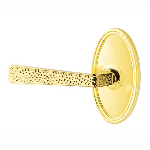 Emtek Left Handed Privacy Hammered Door Lever with Oval Rose in Unlacquered Brass