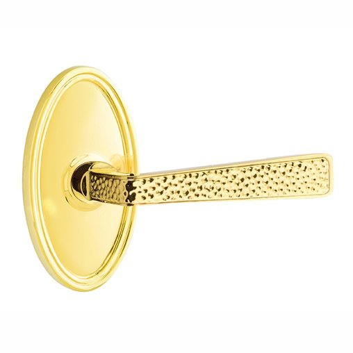 Emtek Right Handed Privacy Hammered Door Lever with Oval Rose in Unlacquered Brass