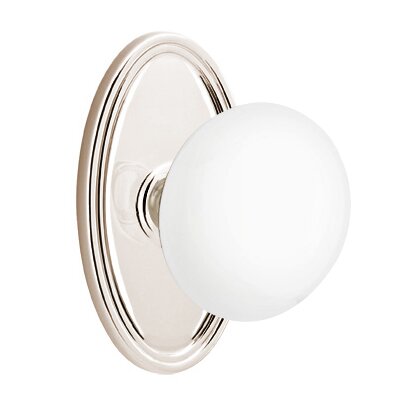 Emtek Privacy Ice White Knob And Oval Rosette With Concealed Screws in Polished Nickel