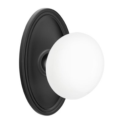 Emtek Privacy Ice White Porcelain Knob With Oval Rosette in Flat Black