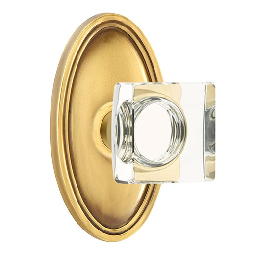 Emtek Modern Square Glass Privacy Door Knob and Oval Rose with Concealed Screws in French Antique Brass
