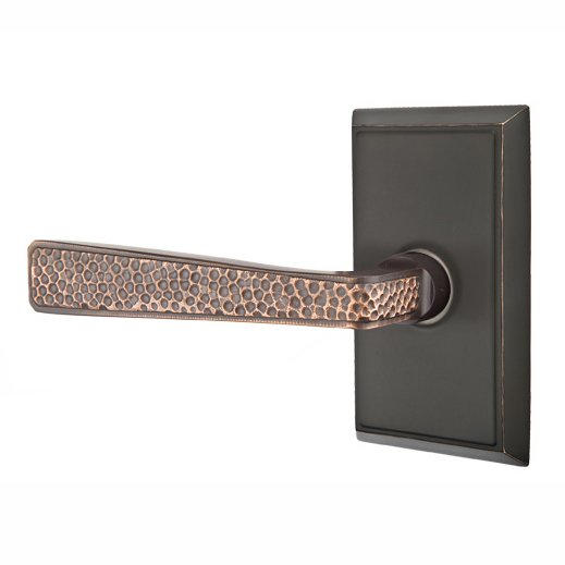 Emtek Left Handed Privacy Hammered Door Lever with Rectangular Rose in Oil Rubbed Bronze