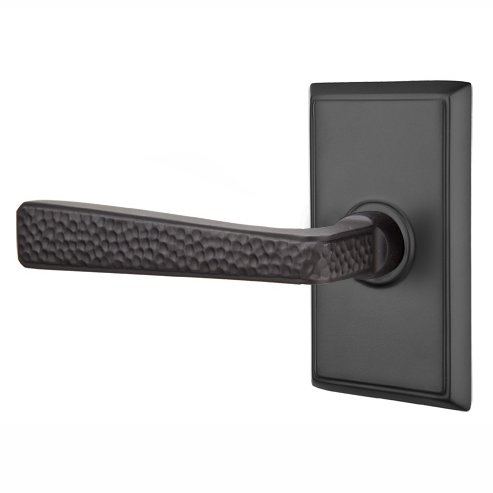 Emtek Left Handed Privacy Hammered Door Lever with Rectangular Rose in Flat Black