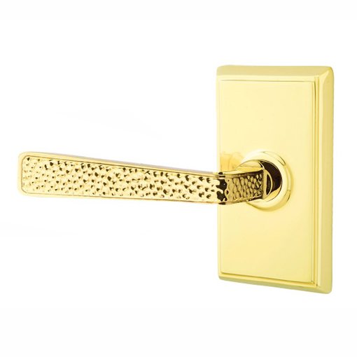 Emtek Left Handed Privacy Hammered Door Lever with Rectangular Rose in Unlacquered Brass