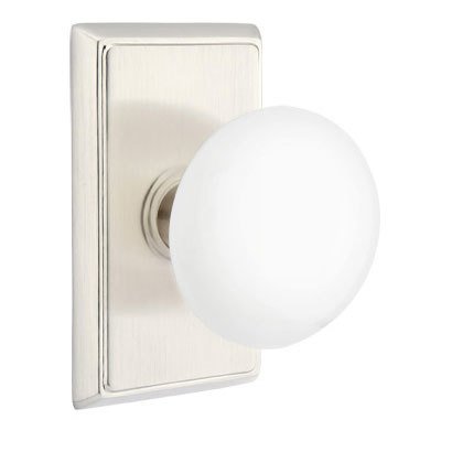Emtek Privacy Ice White Knob And Rectangular Rosette With Concealed Screws in Satin Nickel