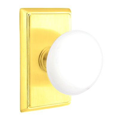 Emtek Privacy Ice White Knob And Rectangular Rosette With Concealed Screws in Polished Brass