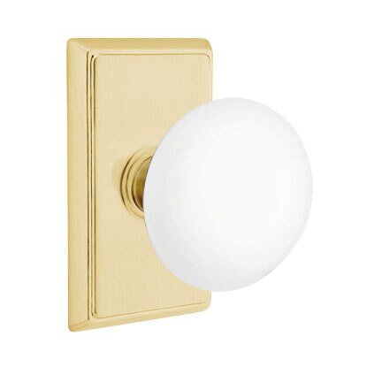 Emtek Privacy Ice White Knob And Rectangular Rosette With Concealed Screws in Satin Brass