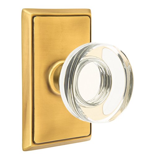 Emtek Modern Disc Glass Privacy Door Knob and Rectangular Rose with Concealed Screws in French Antique Brass