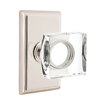 Emtek Modern Square Glass Privacy Door Knob and Rectangular Rose with Concealed Screws in Polished Nickel