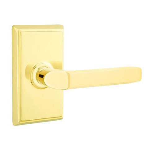Emtek Privacy Right Handed Milano Door Lever With Rectangular Rose in Unlacquered Brass