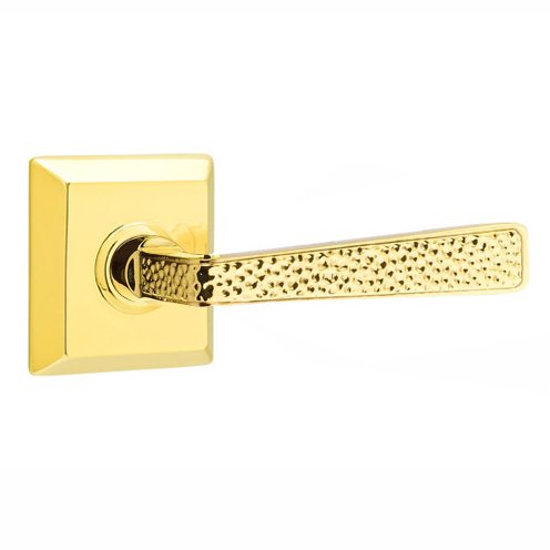 Emtek Privacy Hammered Door Lever with Quincy Rose with Concealed Screws in Unlacquered Brass